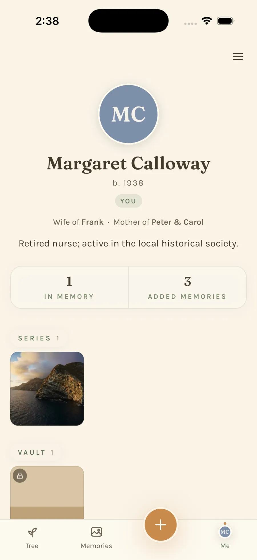 A person's page, with their relationships, a short bio, and the memories the family has added about them.
