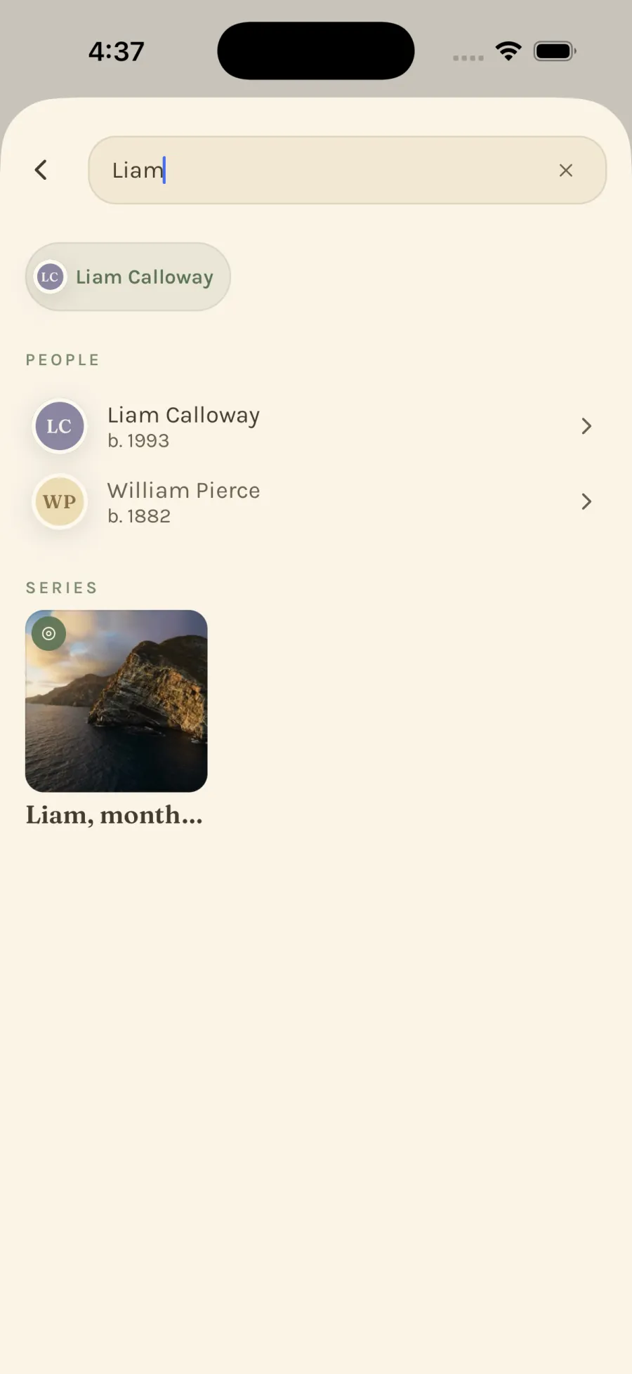 A search returning matching people and a series.