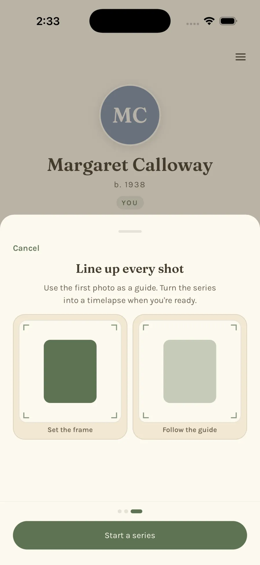 Lining up each new shot against the first photo to build a series.
