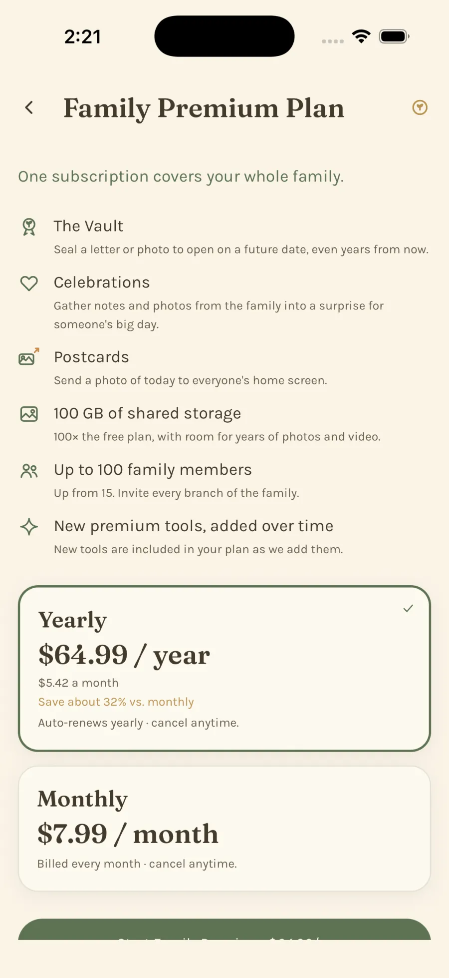 The Family Premium plan, sixty-four dollars ninety-nine a year or seven dollars ninety-nine a month.